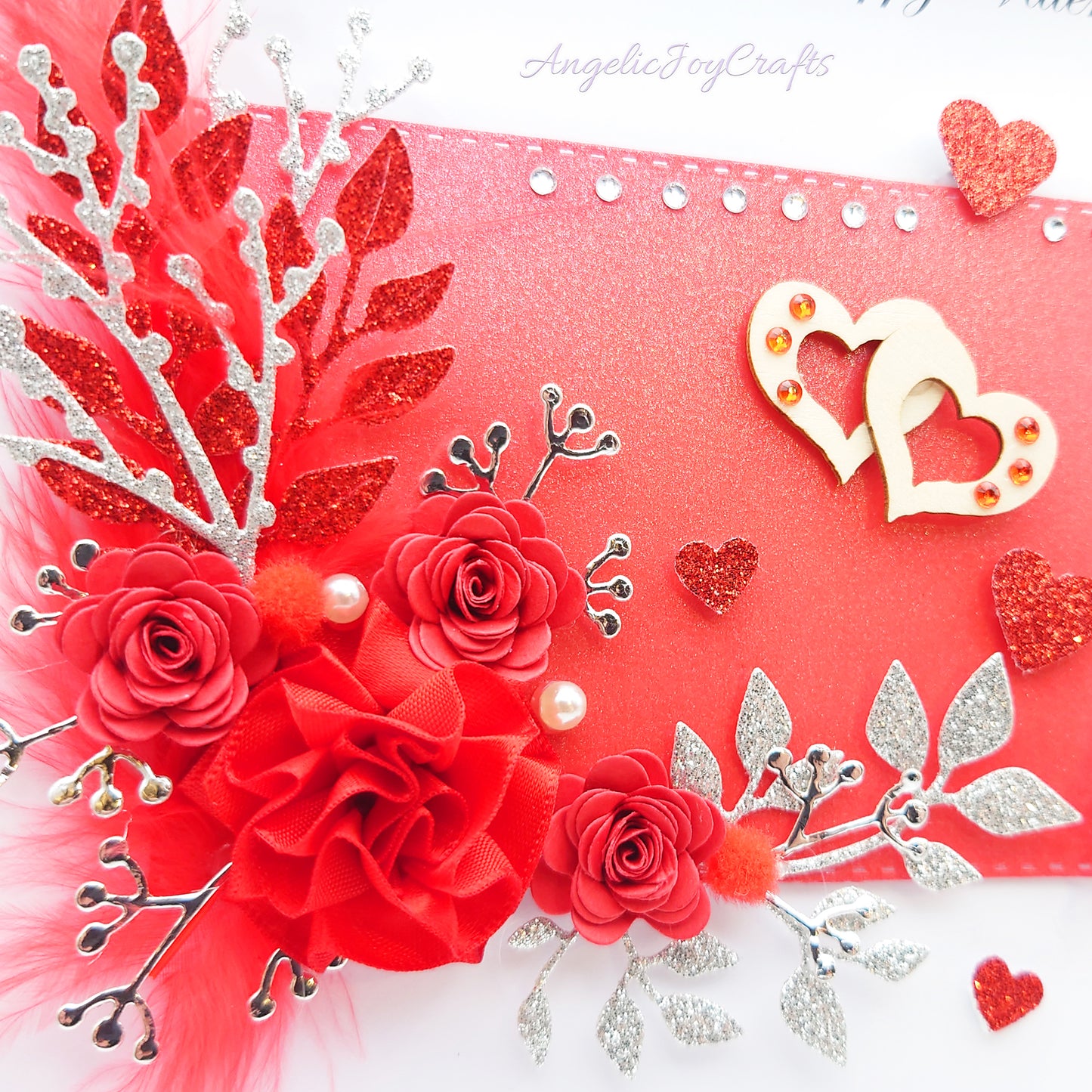 Handmade Personalised 3D Valentine's Day Card with Flowers & Wooden Hearts + Complimentary Gift Box | Birthday | Mother's Day | Valentine's Day