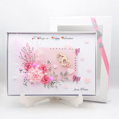 Handmade Personalised 3D Valentine's Day Card with Flowers & Wooden Hearts + Complimentary Gift Box | Birthday | Mother's Day | Valentine's Day