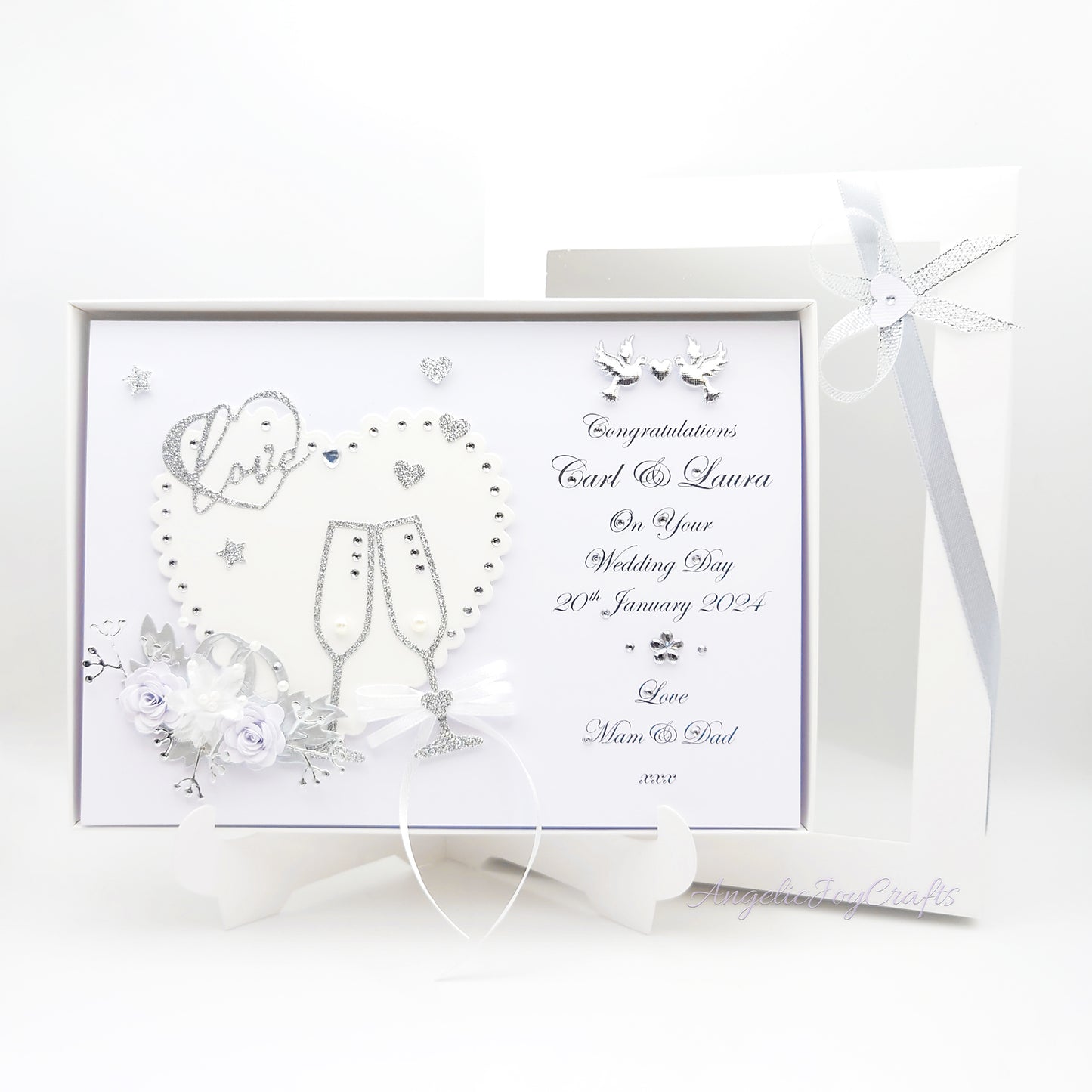 Handmade Personalised 3D Wedding Card with Hearts, Rings & Champagne Flutes + Complimentary Gift Box | Anniversary | Wedding | Engagement