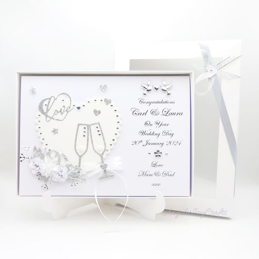 Handmade Personalised 3D Wedding Card with Hearts, Rings & Champagne Flutes + Complimentary Gift Box | Anniversary | Wedding | Engagement