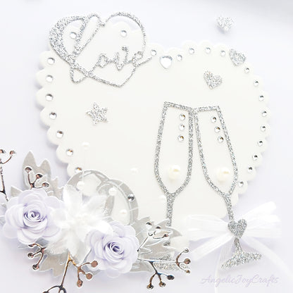 Handmade Personalised 3D Wedding Card with Hearts, Rings & Champagne Flutes + Complimentary Gift Box | Anniversary | Wedding | Engagement