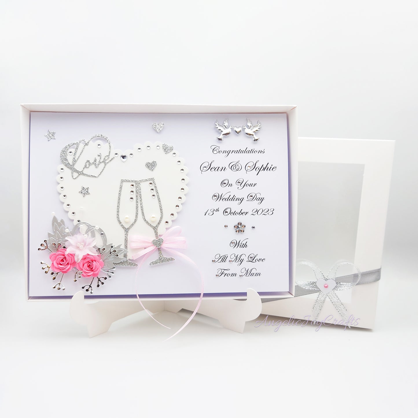 Handmade Personalised 3D Wedding Card with Hearts, Rings & Champagne Flutes + Complimentary Gift Box | Anniversary | Wedding | Engagement