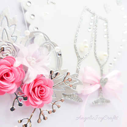 Handmade Personalised 3D Wedding Card with Hearts, Rings & Champagne Flutes + Complimentary Gift Box | Anniversary | Wedding | Engagement