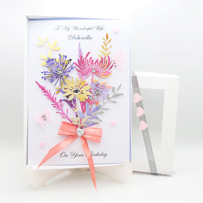 Handmade Personalised 3D Birthday Card with Colourful Bouquet & Bow + Complimentary Gift Box | Birthday | Mother's Day