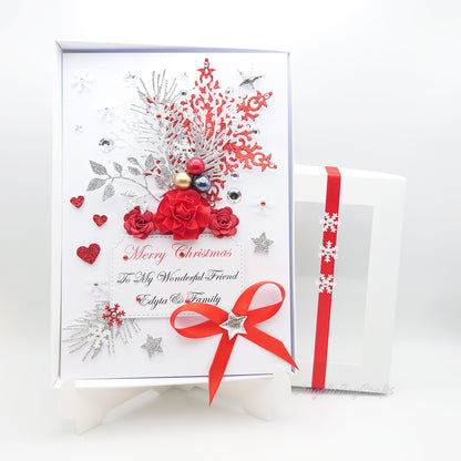 Handmade Personalised 3D Christmas Card with Floral Snoflake & Flowers + Complimentary Gift Box | Christmas | Noel | New Year