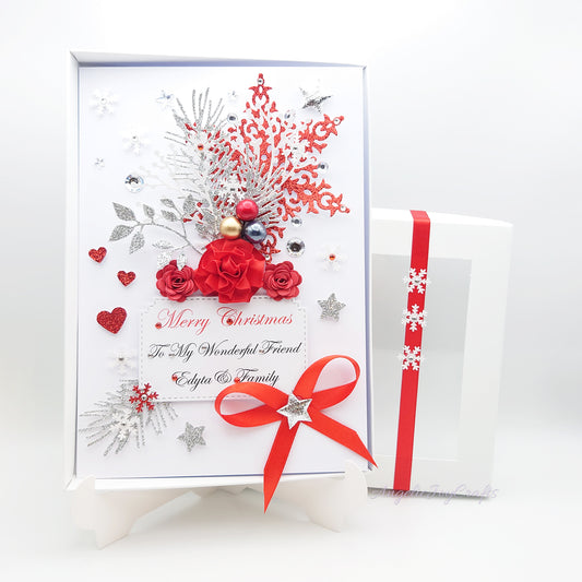 Handmade Personalised 3D Christmas Card with Floral Snoflake & Flowers + Complimentary Gift Box | Christmas | Noel | New Year