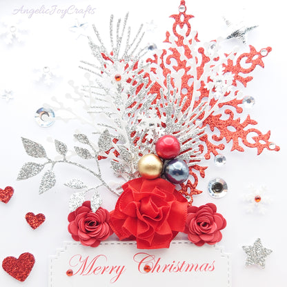 Handmade Personalised 3D Christmas Card with Floral Snoflake & Flowers + Complimentary Gift Box | Christmas | Noel | New Year