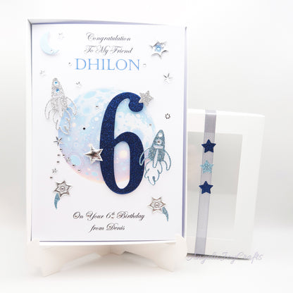 Handmade Personalised 3D Child Birthday Card with Planet & Rockets + Complimentary Gift Box | Baby Shower | Child Birthday | Baby Born | Birthday