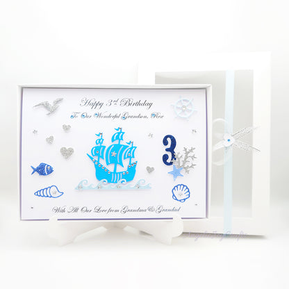 Handmade Personalised 3D Child Birthday Card with a Ship & Sea Life + Complimentary Gift Box | Baby Shower | Child Birthday | Baby Born | Birthday