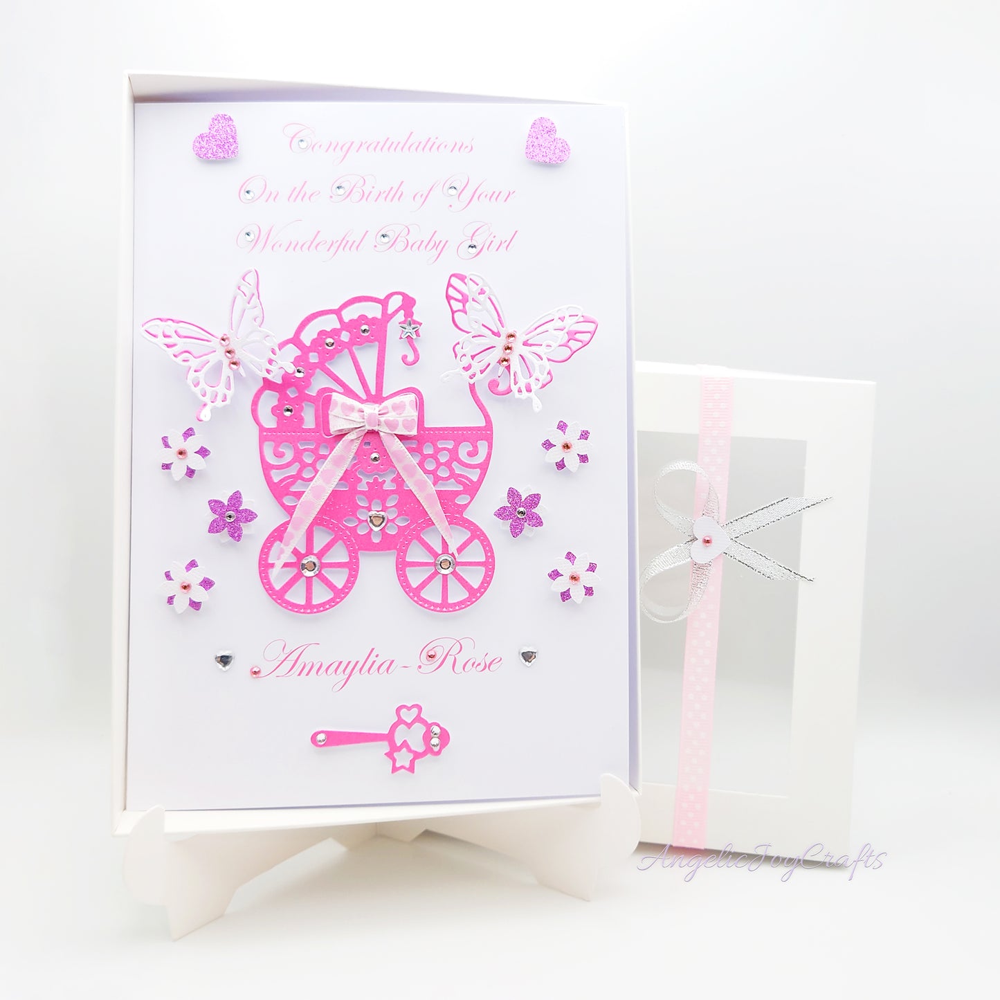 Handmade Personalised 3D Child Birthday Card with a Baby Trolley & Butterflies + Complimentary Gift Box | Baby Shower | Child Birthday | Baby Born | Birthday