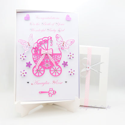 Handmade Personalised 3D Child Birthday Card with a Baby Trolley & Butterflies + Complimentary Gift Box | Baby Shower | Child Birthday | Baby Born | Birthday