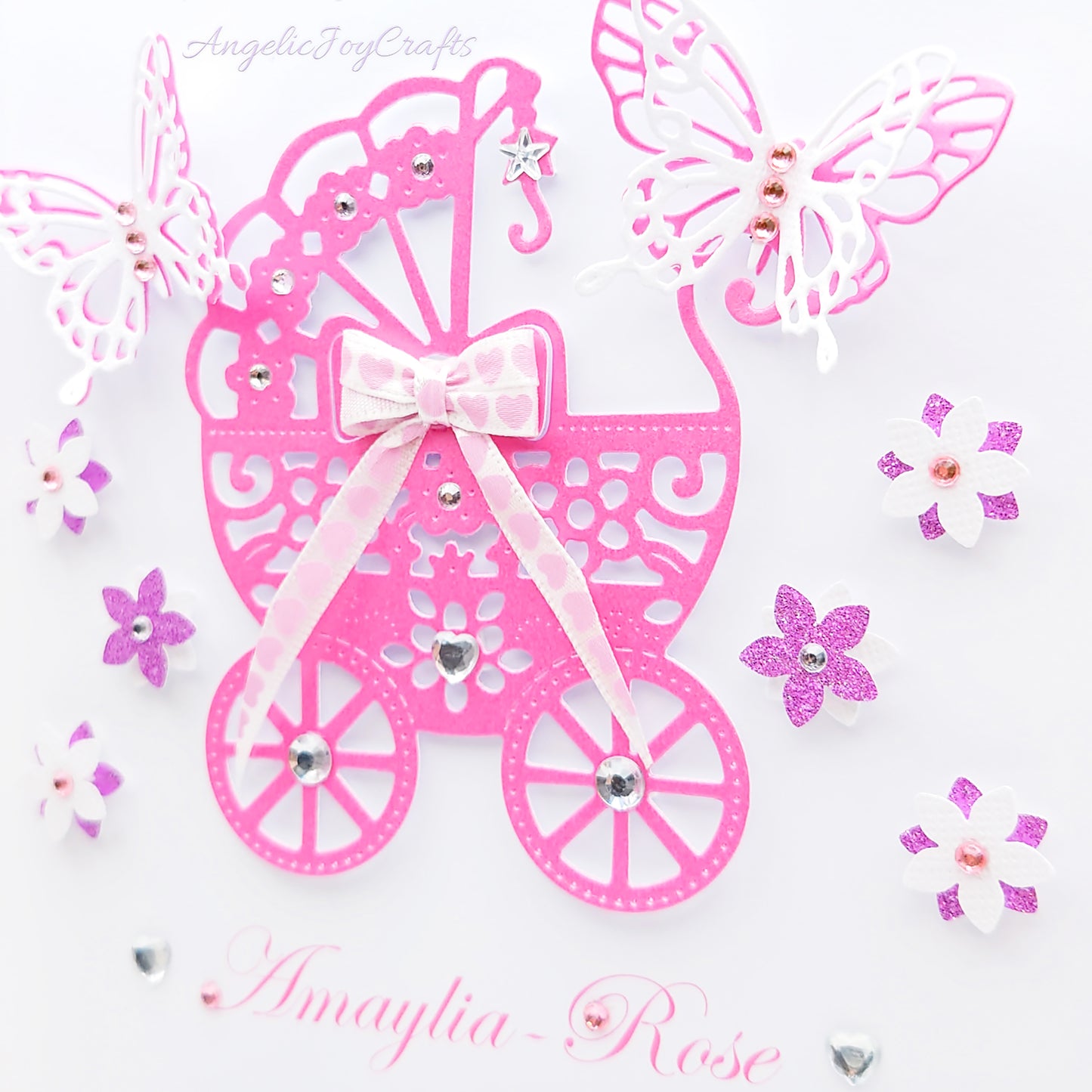 Handmade Personalised 3D Child Birthday Card with a Baby Trolley & Butterflies + Complimentary Gift Box | Baby Shower | Child Birthday | Baby Born | Birthday
