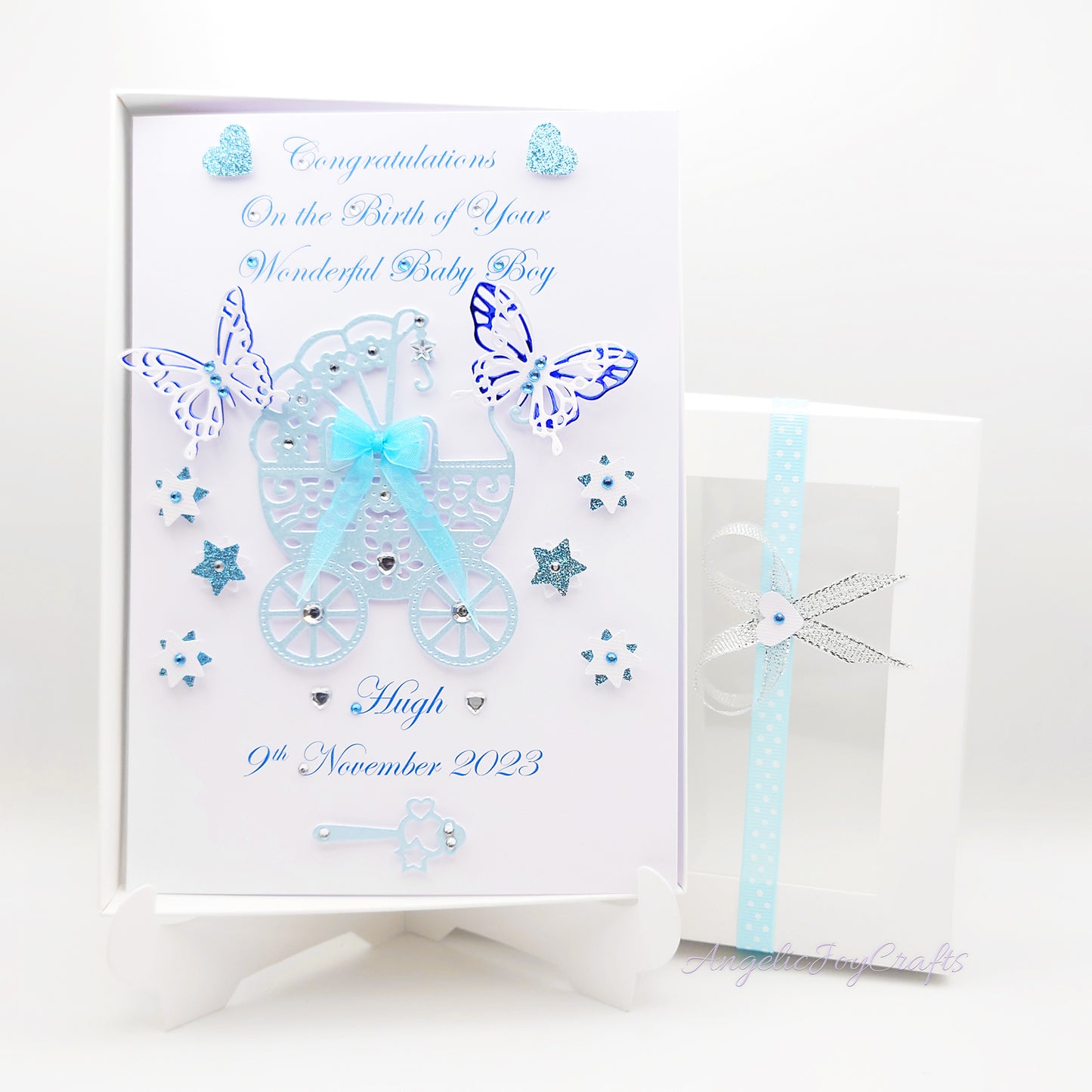 Handmade Personalised 3D Child Birthday Card with a Baby Trolley & Butterflies + Complimentary Gift Box | Baby Shower | Child Birthday | Baby Born | Birthday