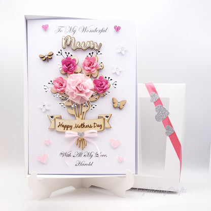 Handmade Personalised 3D Mother's Day Card with Flower Bouquet & Engraved Name + Complimentary Gift Box | Birthday