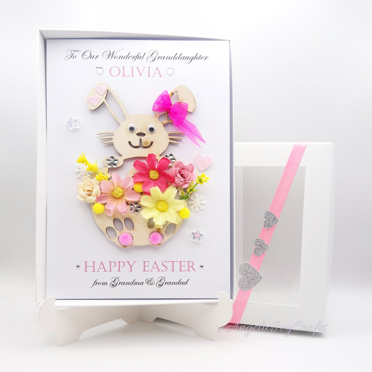 Handmade Personalised 3D Easter Card with Easter Bunny & Flowers + Complimentary Gift Box | Easter