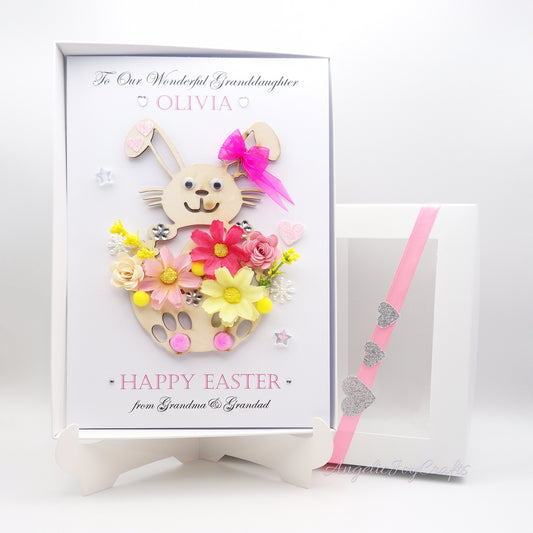 Handmade Personalised 3D Easter Card with Easter Bunny & Flowers + Complimentary Gift Box | Easter