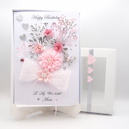 Handmade Personalised 3D Birthday Card with Bow & Floral Bush + Complimentary Gift Box | Birthday | Mother's Day