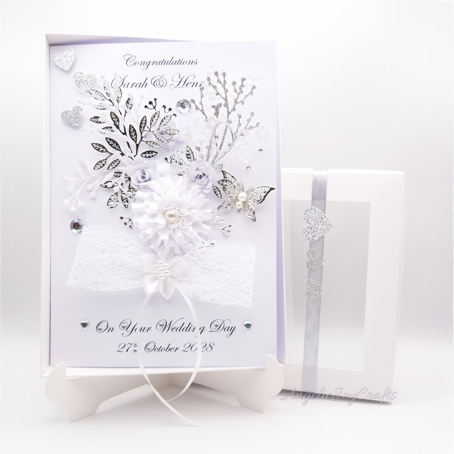 Handmade Personalised 3D Wedding Card with Bow & Floral Bush + Complimentary Gift Box | Anniversary | Engagement