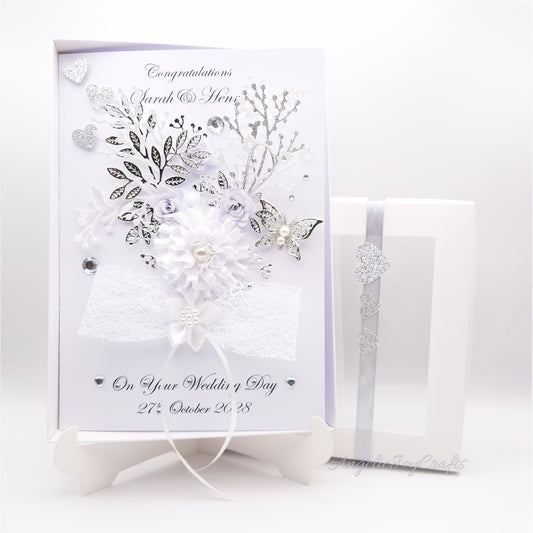 Handmade Personalised 3D Wedding Card with Bow & Floral Bush + Complimentary Gift Box | Anniversary | Engagement
