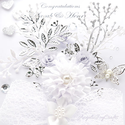 Handmade Personalised 3D Wedding Card with Bow & Floral Bush + Complimentary Gift Box | Anniversary | Engagement