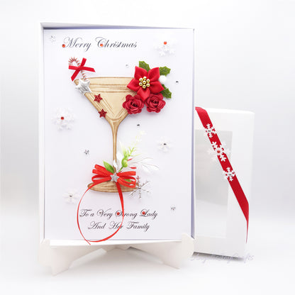Handmade Personalised 3D Christmas Card with Martini & Christmas Flower + Complimentary Gift Box | Christmas | Noel | New Year