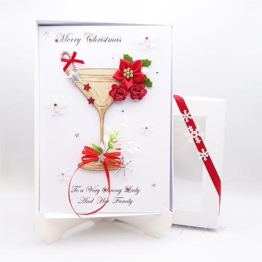 Handmade Personalised 3D Christmas Card with Martini & Christmas Flower + Complimentary Gift Box | Christmas | Noel | New Year