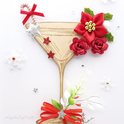 Handmade Personalised 3D Christmas Card with Martini & Christmas Flower + Complimentary Gift Box | Christmas | Noel | New Year