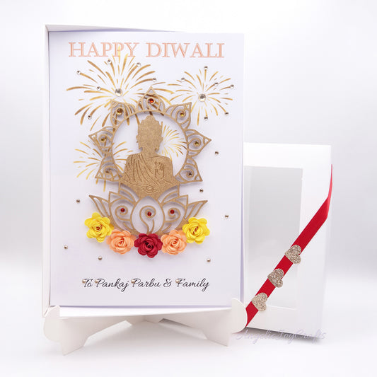 Handmade Personalised 3D Diwali Card with Flowers & Fireworks + Complimentary Gift Box | Deepavali | Deepawali
