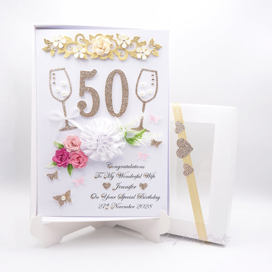 Handmade Personalised 3D Birthday Card with Champagne Flutes & Flowers + Complimentary Gift Box | Birthday | Mother's Day