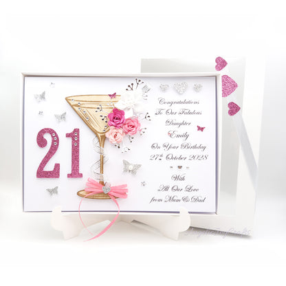 Handmade Personalised 3D Birthday Card with Martiny Glass & Flowers + Complimentary Gift Box | Birthday | Mother's Day