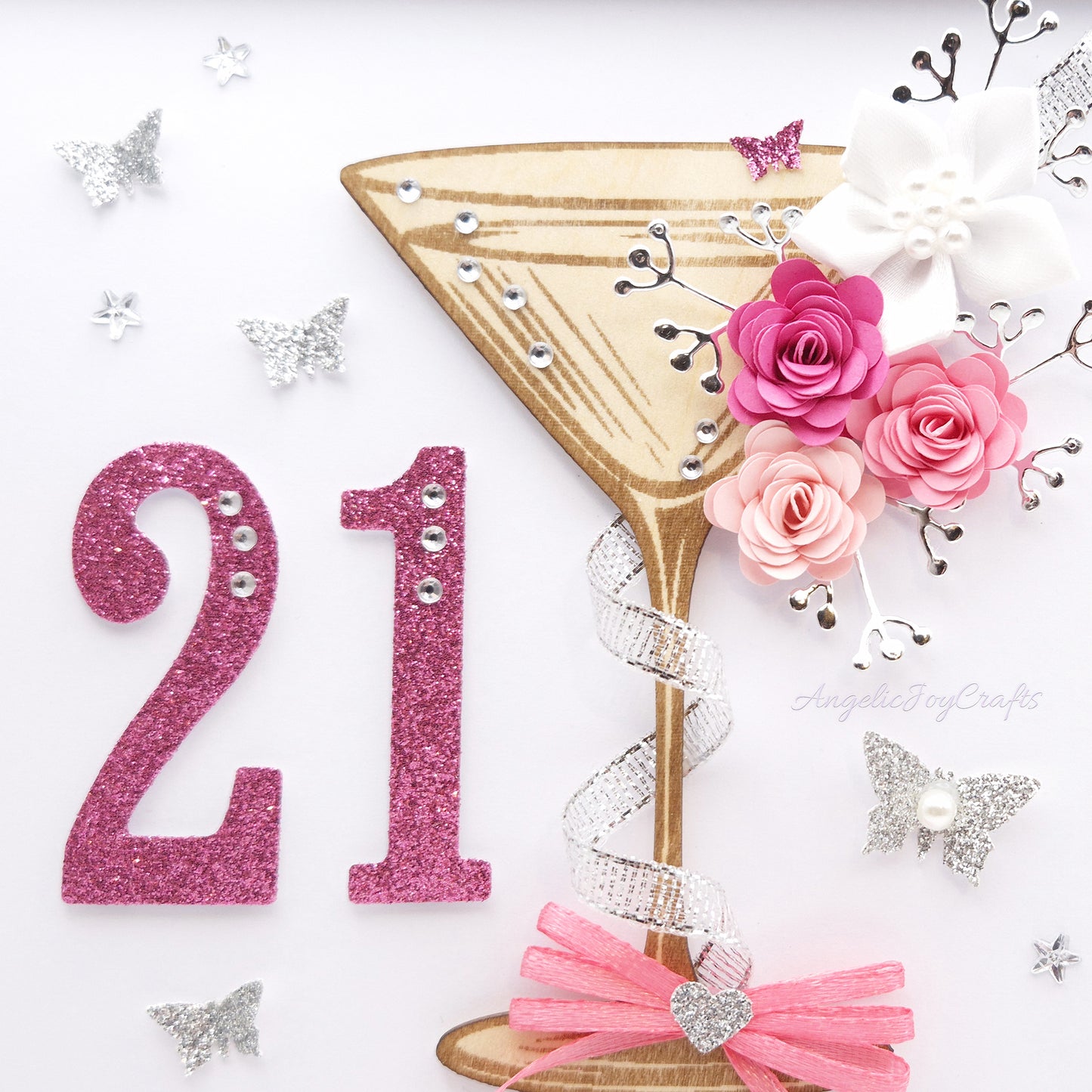 Handmade Personalised 3D Birthday Card with Martiny Glass & Flowers + Complimentary Gift Box | Birthday | Mother's Day