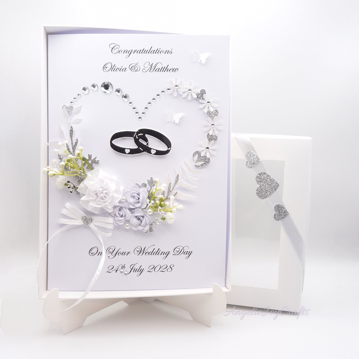 Handmade Personalised 3D Wedding Card with Floral Heart & Rings + Complimentary Gift Box | Anniversary | Engagement