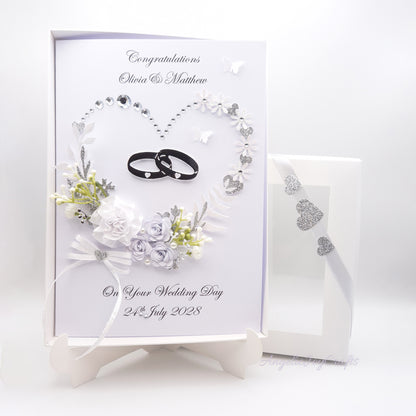 Handmade Personalised 3D Wedding Card with Floral Heart & Rings + Complimentary Gift Box | Anniversary | Engagement