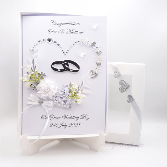 Handmade Personalised 3D Wedding Card with Floral Heart & Rings + Complimentary Gift Box | Anniversary | Engagement