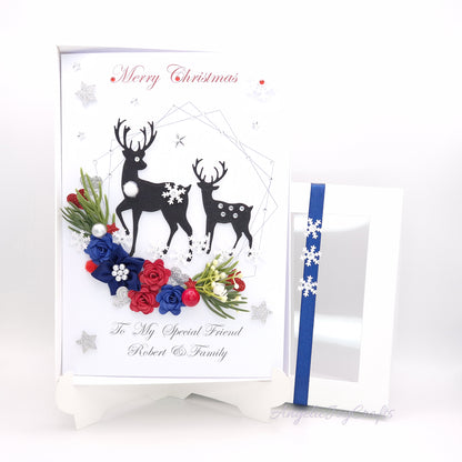 Handmade Personalised 3D Christmas Card with Flowers & Bucks + Complimentary Gift Box | Christmas | Noel | New Year