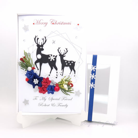 Handmade Personalised 3D Christmas Card with Flowers & Bucks + Complimentary Gift Box | Christmas | Noel | New Year