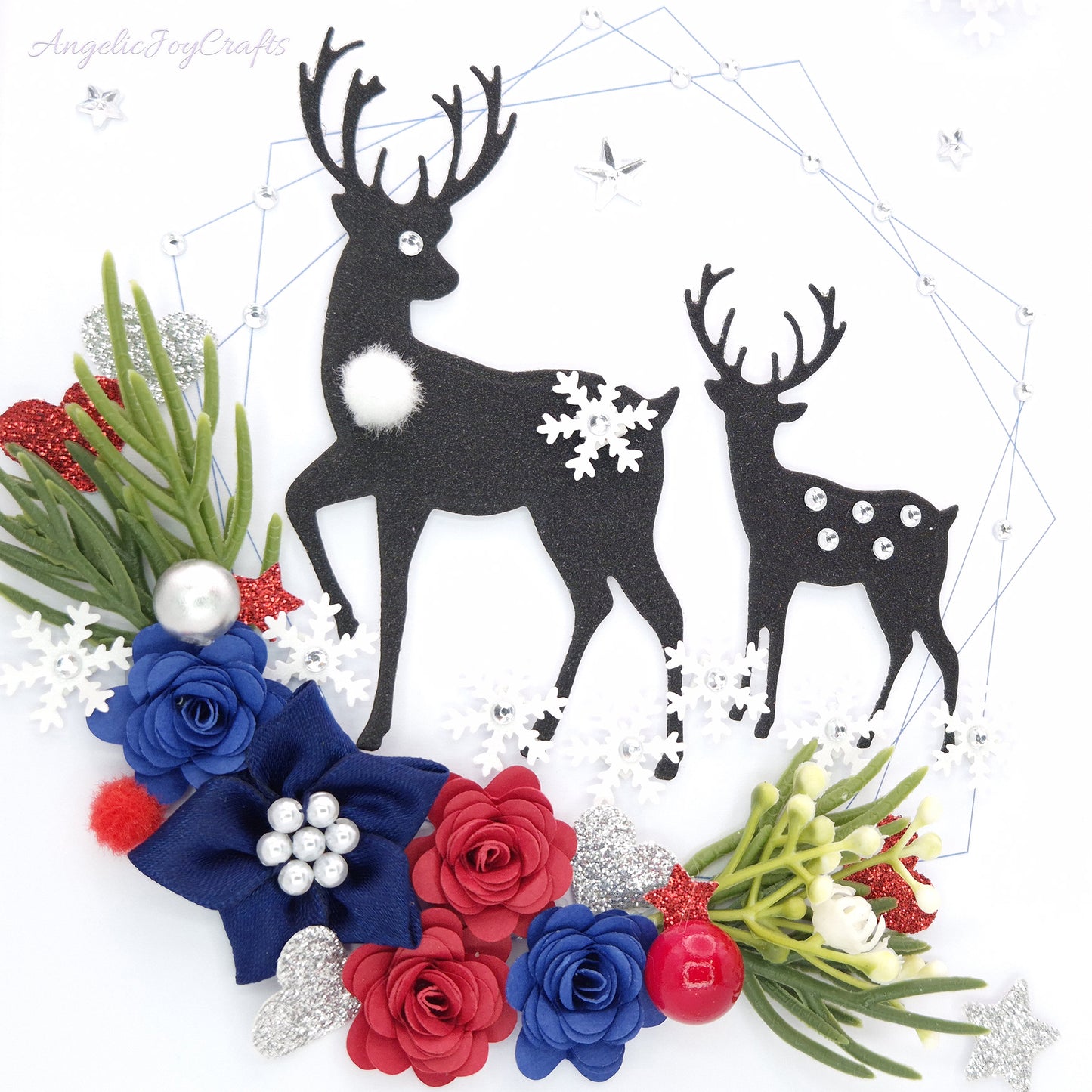 Handmade Personalised 3D Christmas Card with Flowers & Bucks + Complimentary Gift Box | Christmas | Noel | New Year