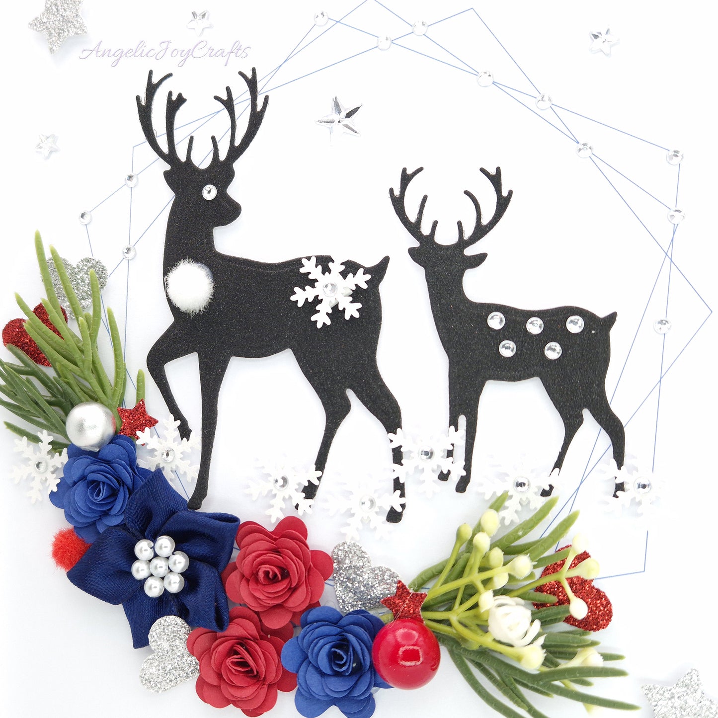 Handmade Personalised 3D Christmas Card with Flowers & Bucks + Complimentary Gift Box | Christmas | Noel | New Year