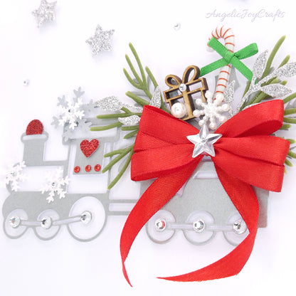 Handmade Personalised 3D Christmas Card with Train & Bow + Complimentary Gift Box | Christmas | Noel | New Year