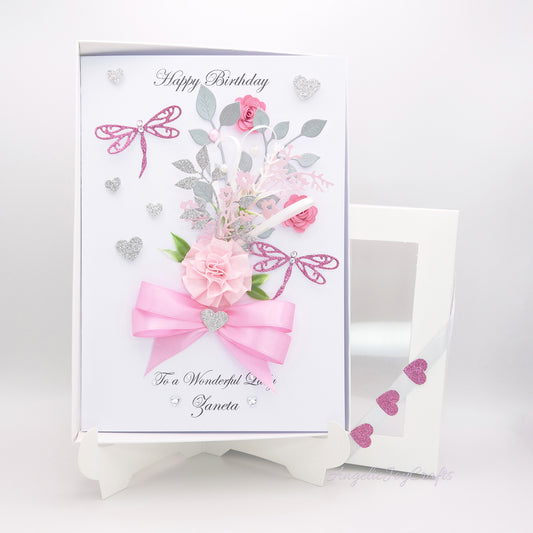 Handmade Personalised 3D Birthday Card with Flowers & Bow + Complimentary Gift Box | Mother's Day