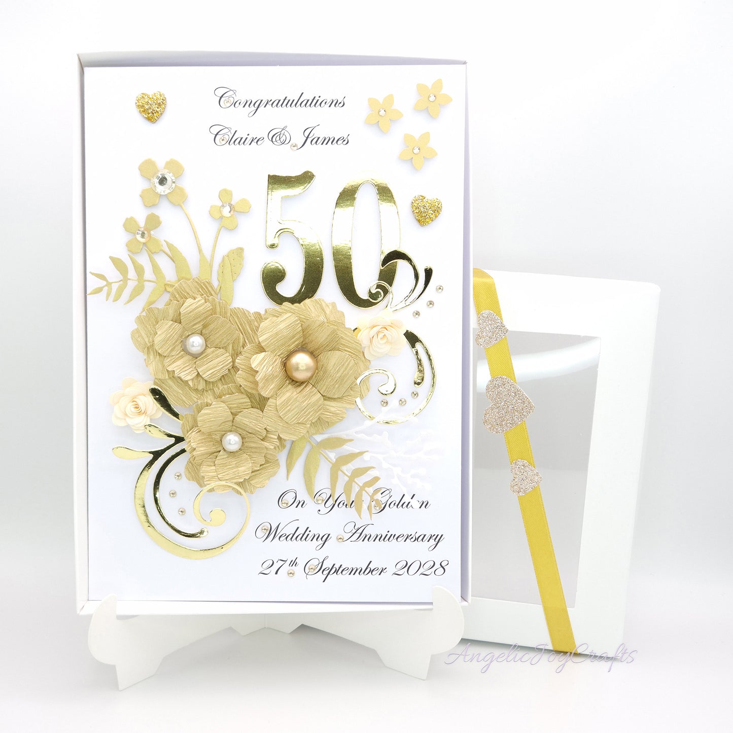Handmade Personalised 3D Gold 50 Anniversary Card with Flowers + Complimentary Gift Box | Anniversary | Wedding | Engagement