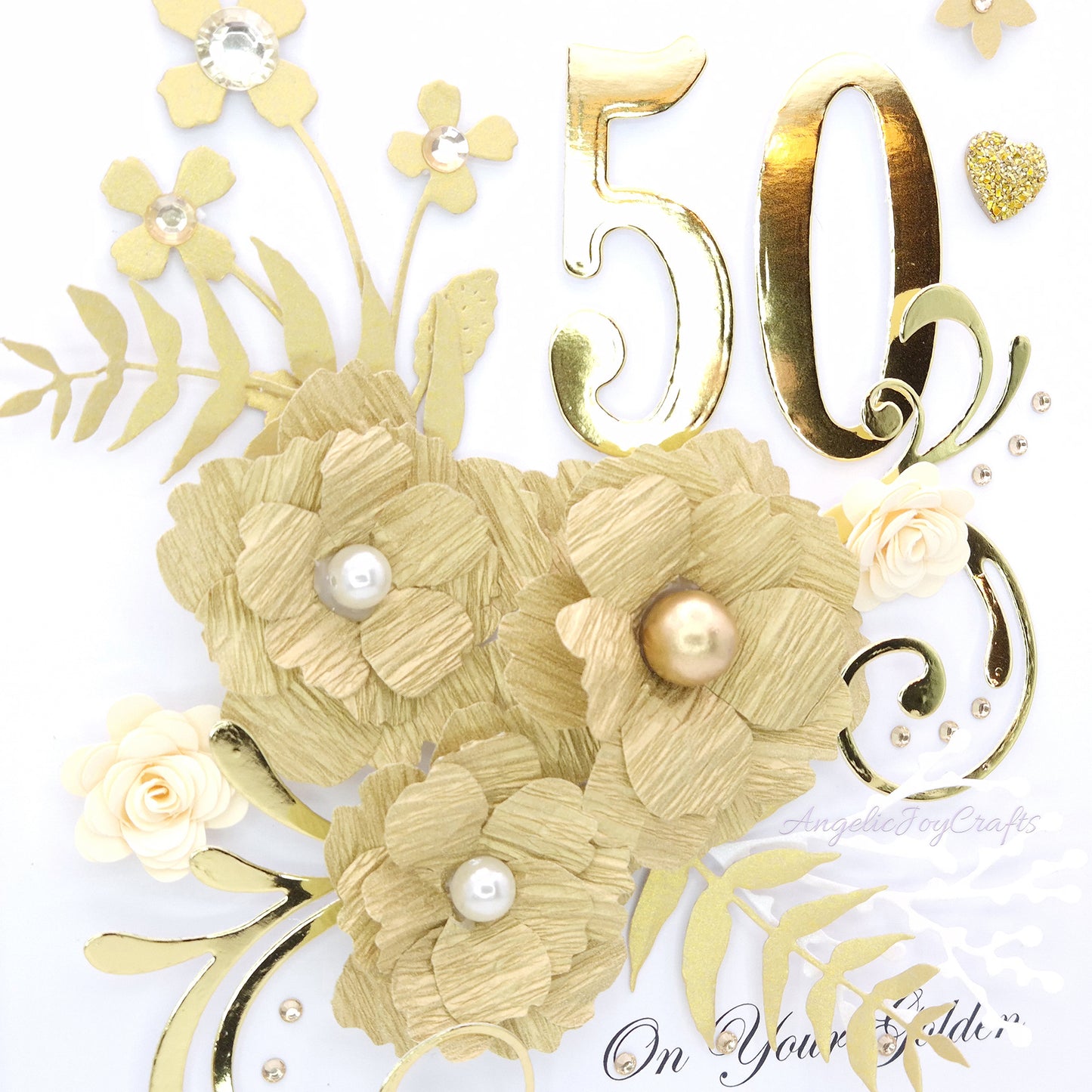Handmade Personalised 3D Gold 50 Anniversary Card with Flowers + Complimentary Gift Box | Anniversary | Wedding | Engagement