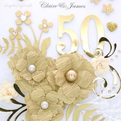 Handmade Personalised 3D Gold 50 Anniversary Card with Flowers + Complimentary Gift Box | Anniversary | Wedding | Engagement