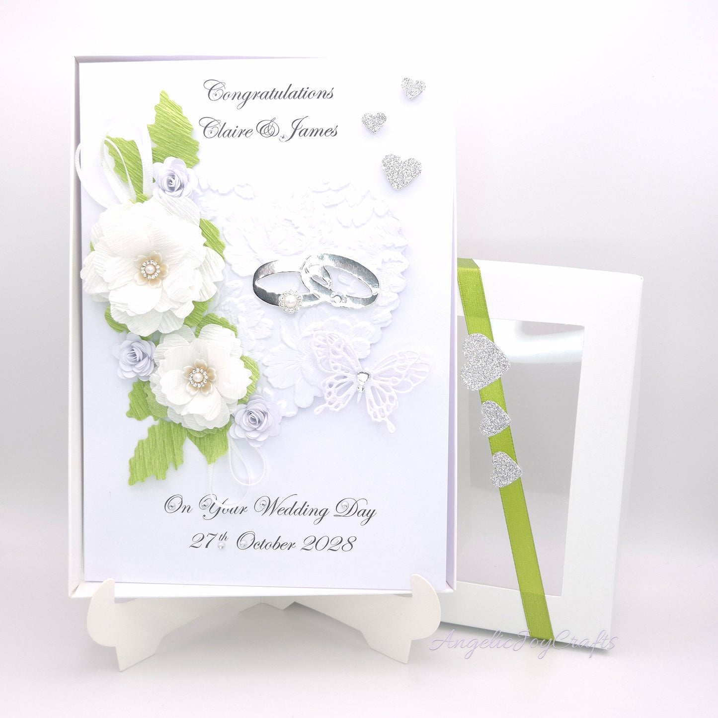Handmade Personalised 3D Wedding Card with Floral Heart & Rings + Complimentary Gift Box | Anniversary | Wedding | Engagement