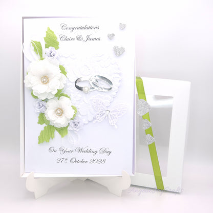 Handmade Personalised 3D Wedding Card with Floral Heart & Rings + Complimentary Gift Box | Anniversary | Wedding | Engagement