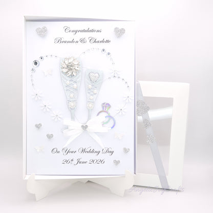 Handmade Personalised 3D Wedding Card with Champagne Flutes & Hearts+ Complimentary Gift Box | Anniversary | Wedding | Engagement