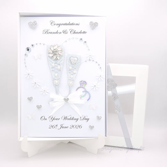 Handmade Personalised 3D Wedding Card with Champagne Flutes & Hearts+ Complimentary Gift Box | Anniversary | Wedding | Engagement
