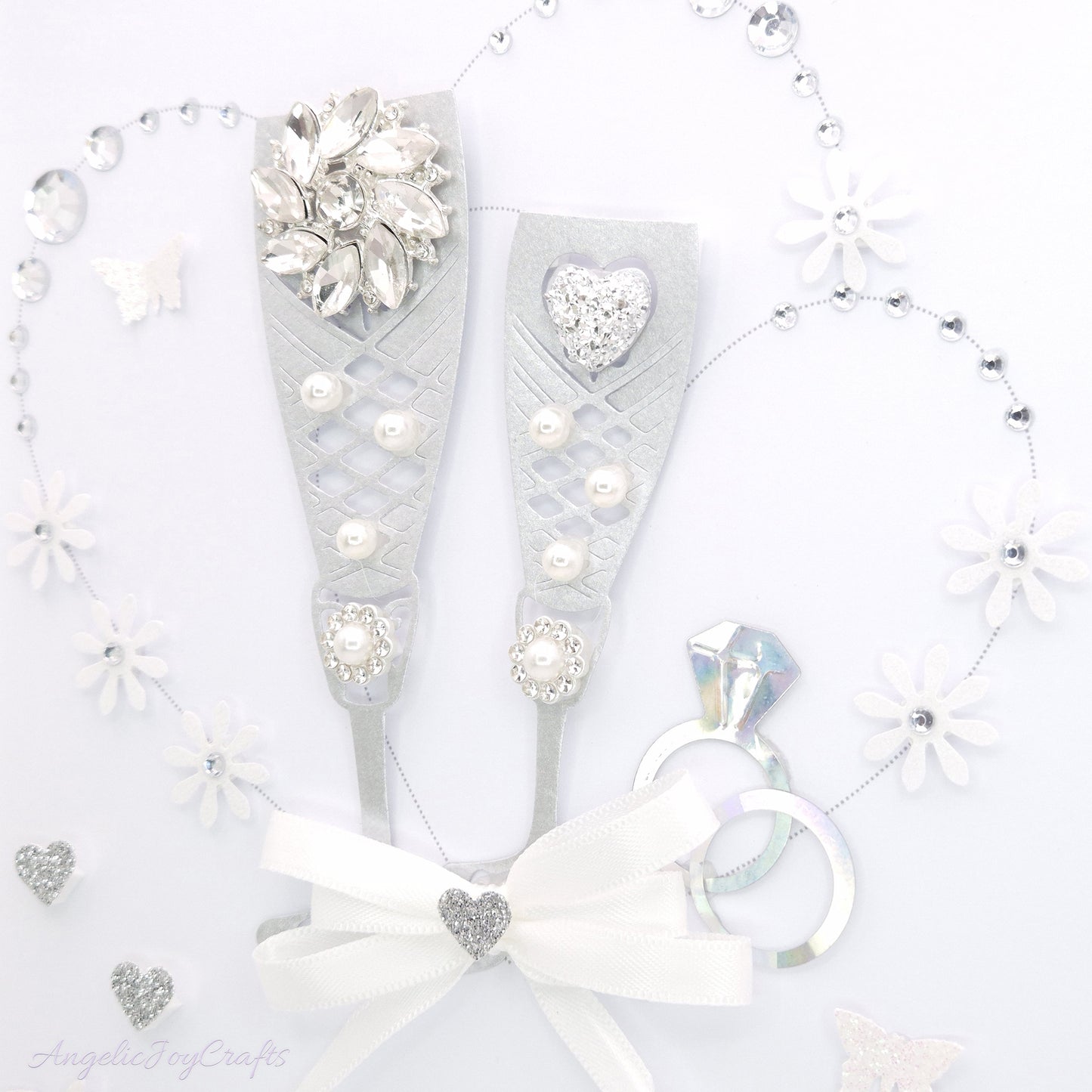 Handmade Personalised 3D Wedding Card with Champagne Flutes & Hearts+ Complimentary Gift Box | Anniversary | Wedding | Engagement