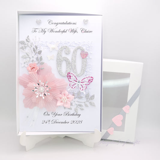 Handmade Personalised 3D Birthday Card with Textured Flower & Butterflies + Complimentary Gift Box | Birthday | Mother's Day