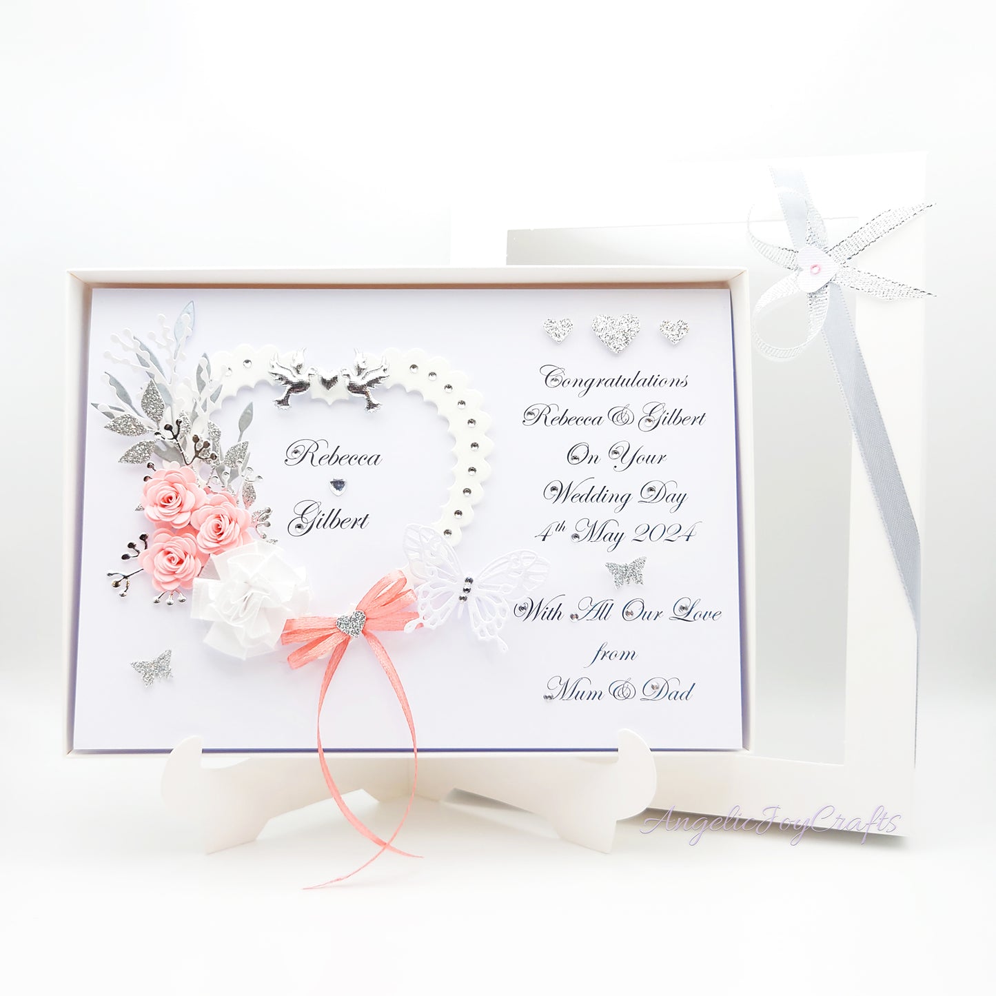Handmade Personalised 3D Wedding Card with Heart, Flowers & Butterflies + Complimentary Gift Box | Anniversary | Wedding | Engagement